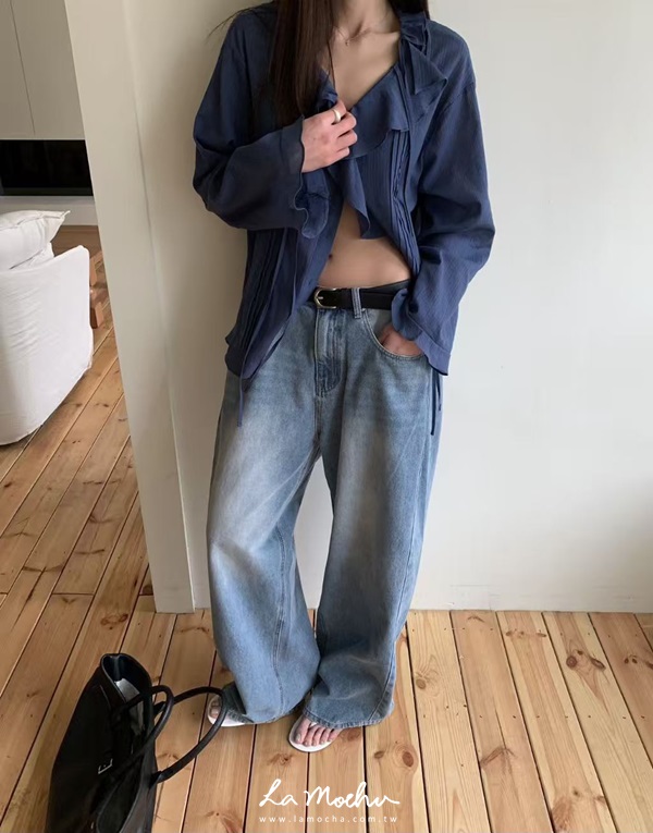 圓弧打摺牛仔寬褲